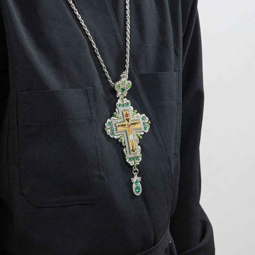 HT Orthodox Jesus Christ Crucifix Gold Silver Plated Metal Alloy Pendant Necklace Priest Pectoral Cross Крест наперсный с цепью