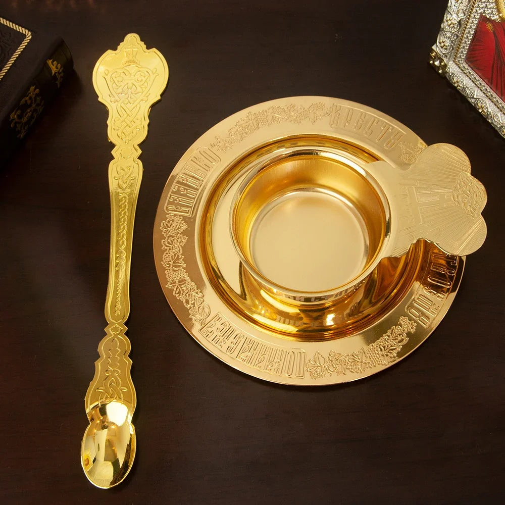 Church Orthodox Holy Oil Utensils Set with Russian Greek Orthodox Cross and Gold Plated Metal