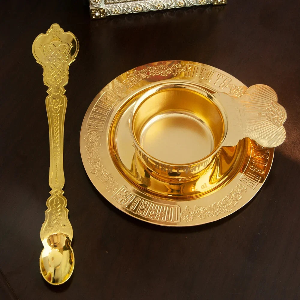 Church Orthodox Holy Oil Utensils Set with Russian Greek Orthodox Cross and Gold Plated Metal