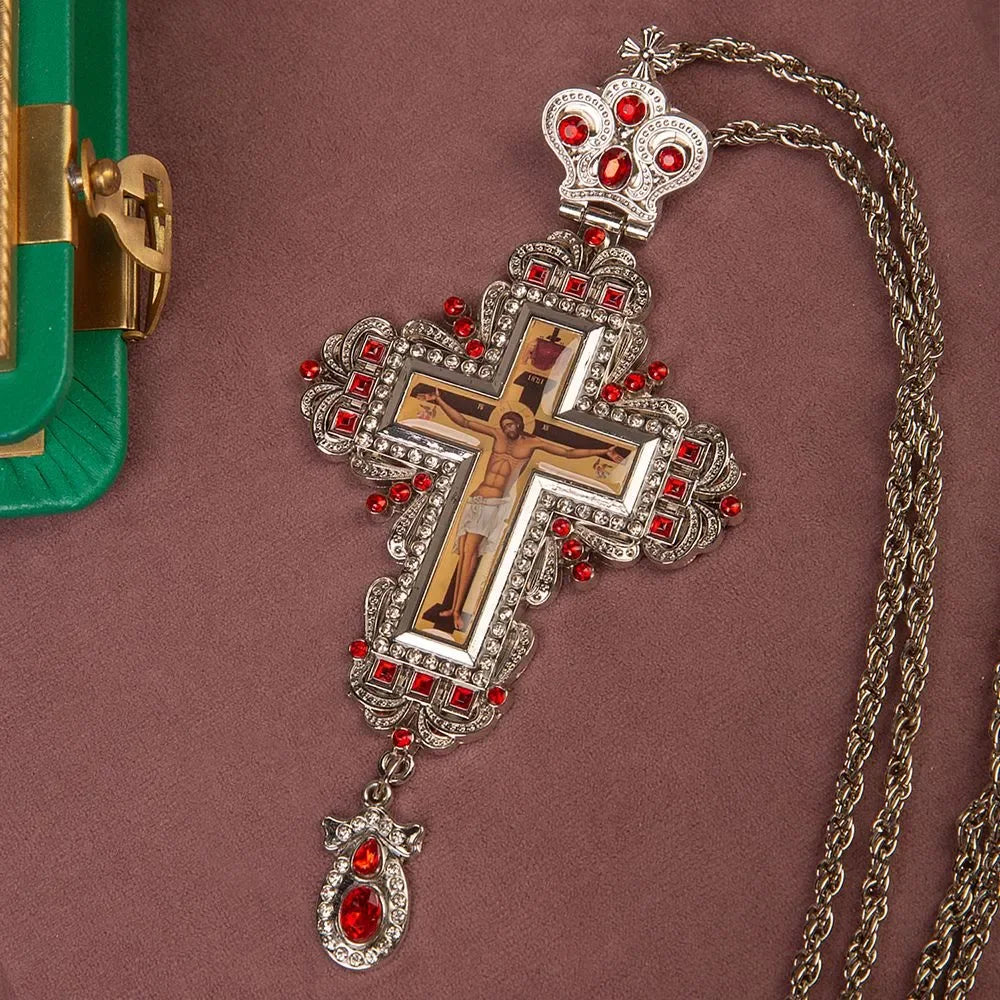 HT Orthodox Jesus Christ Crucifix Gold Silver Plated Metal Alloy Pendant Necklace Priest Pectoral Cross Крест наперсный с цепью