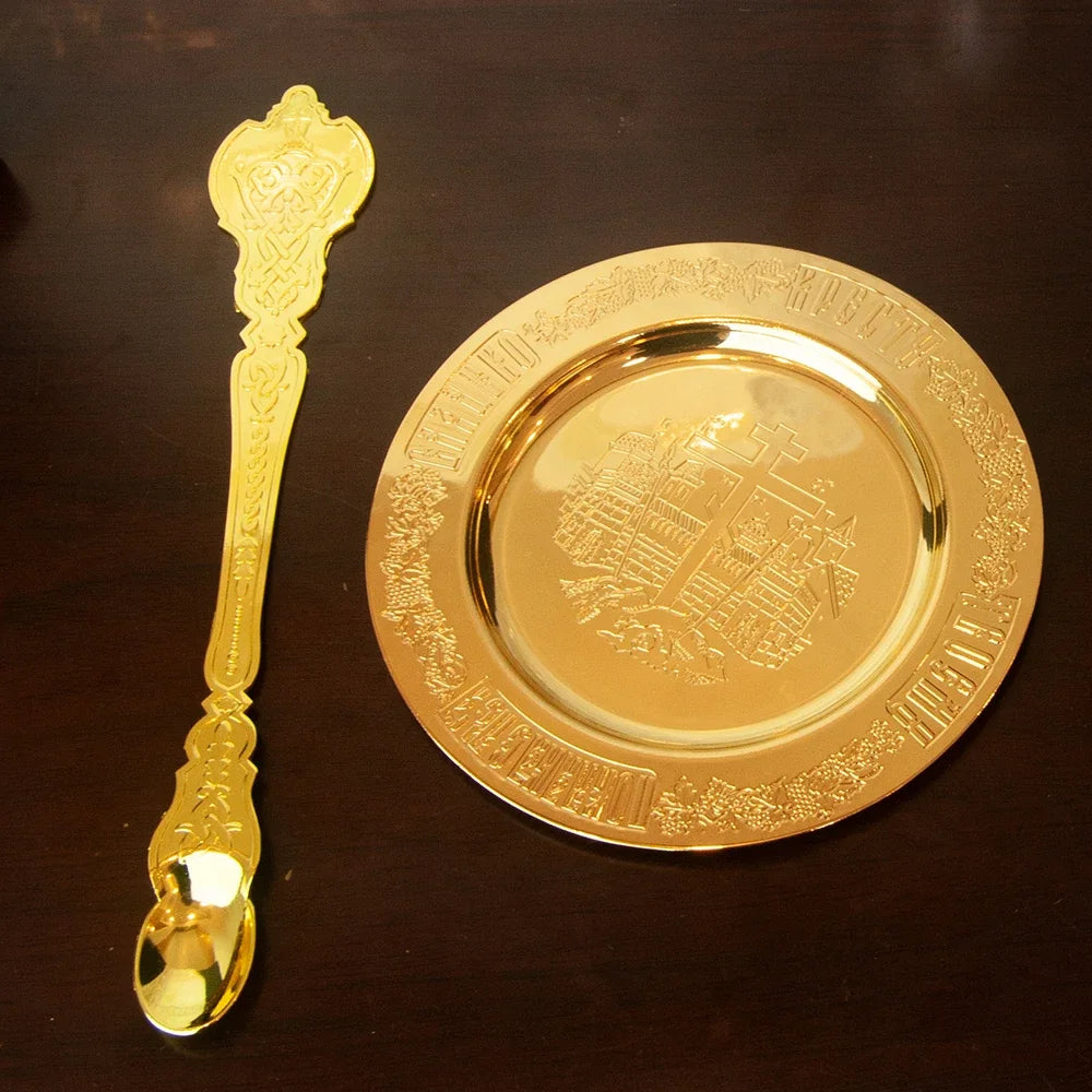 Church Orthodox Holy Oil Utensils Set with Russian Greek Orthodox Cross and Gold Plated Metal