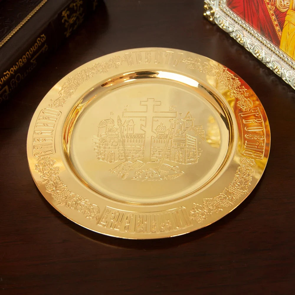 Church Orthodox Holy Oil Utensils Set with Russian Greek Orthodox Cross and Gold Plated Metal