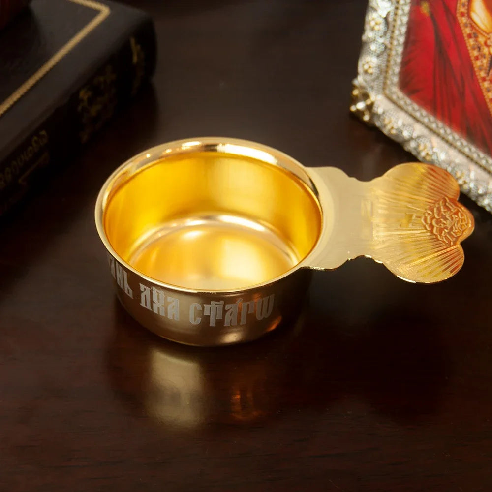 Church Orthodox Holy Oil Utensils Set with Russian Greek Orthodox Cross and Gold Plated Metal