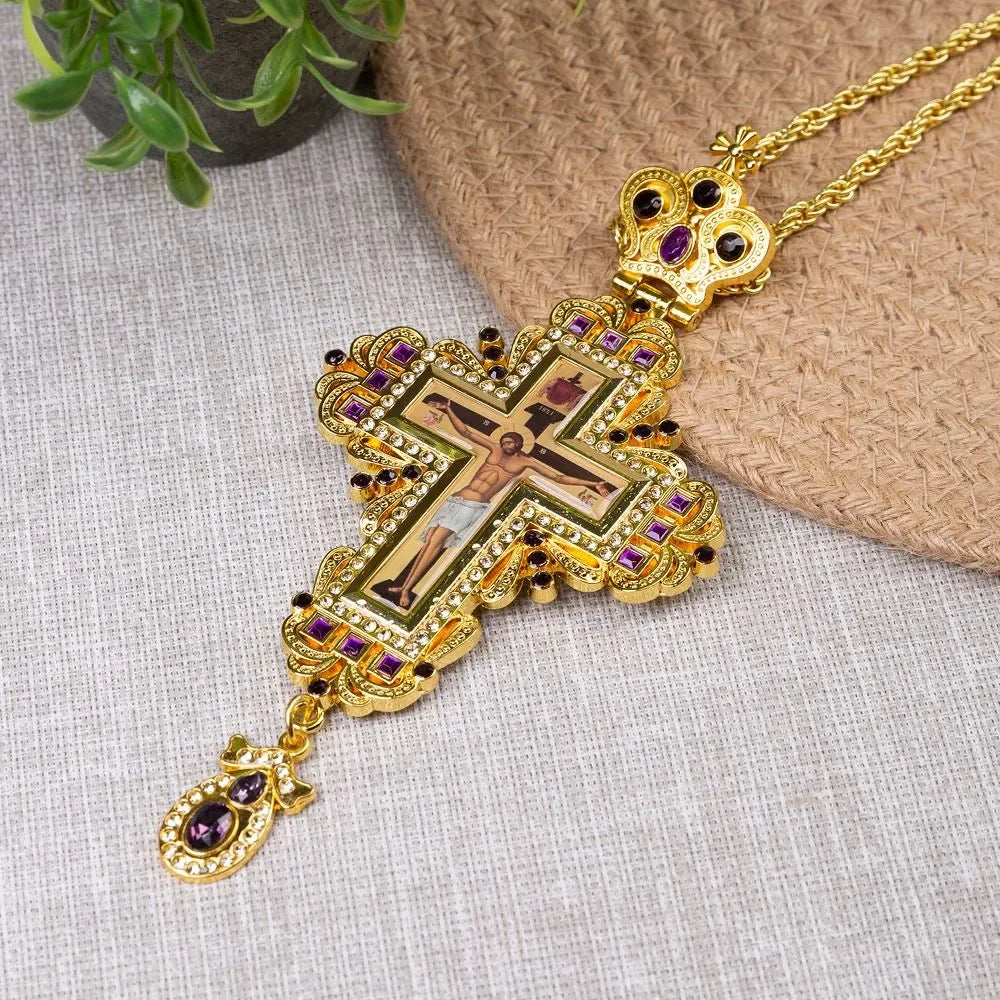 HT Orthodox Jesus Christ Crucifix Gold Silver Plated Metal Alloy Pendant Necklace Priest Pectoral Cross Крест наперсный с цепью