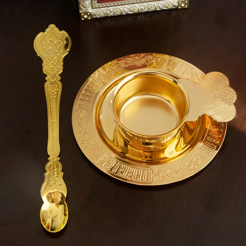 Church Orthodox Holy Oil Utensils Set with Russian Greek Orthodox Cross and Gold Plated Metal