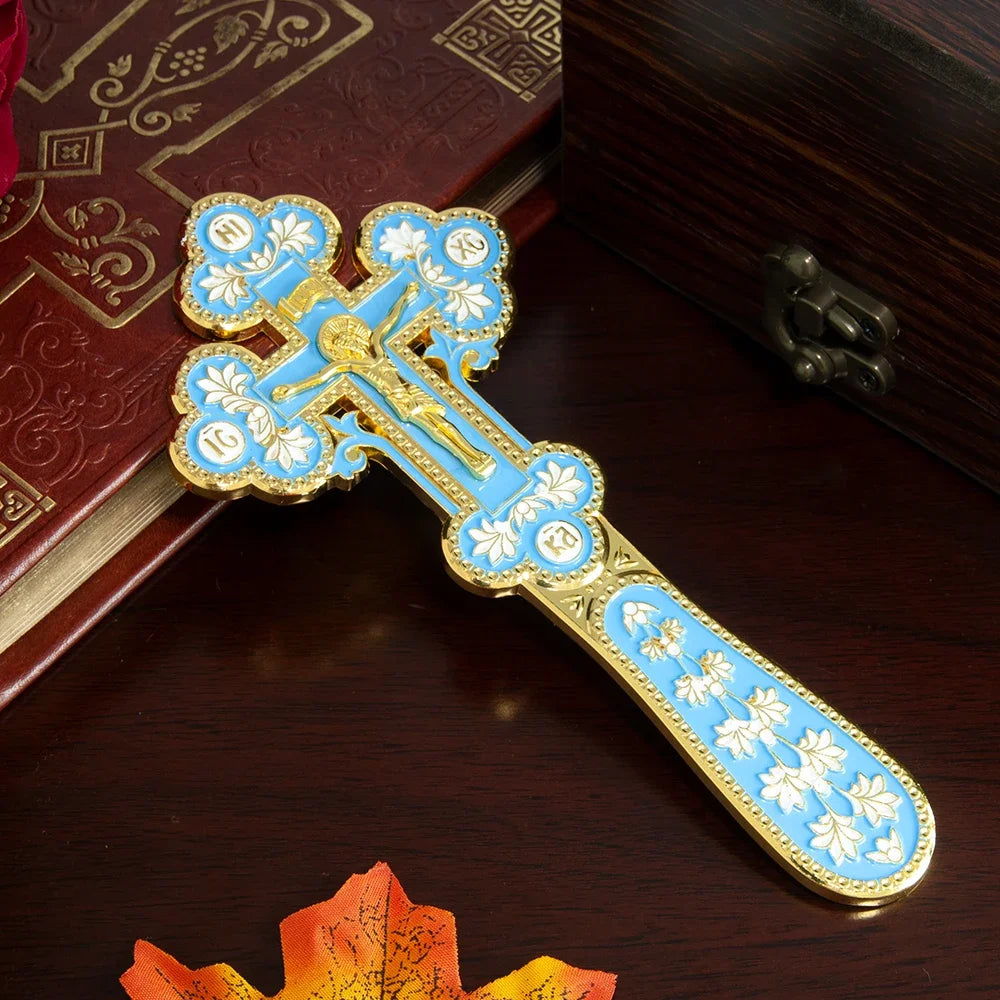 Orthodox Handle Blessing Church Cross Gold Plated Colorful Enamel Jesus icon Cross INRI Handheld Crucifix Single Face Jesus