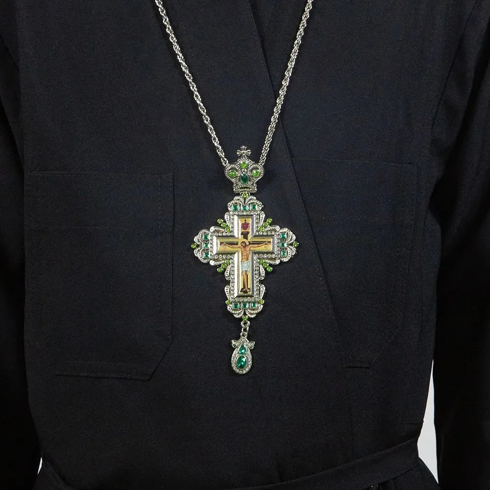 HT Orthodox Jesus Christ Crucifix Gold Silver Plated Metal Alloy Pendant Necklace Priest Pectoral Cross Крест наперсный с цепью