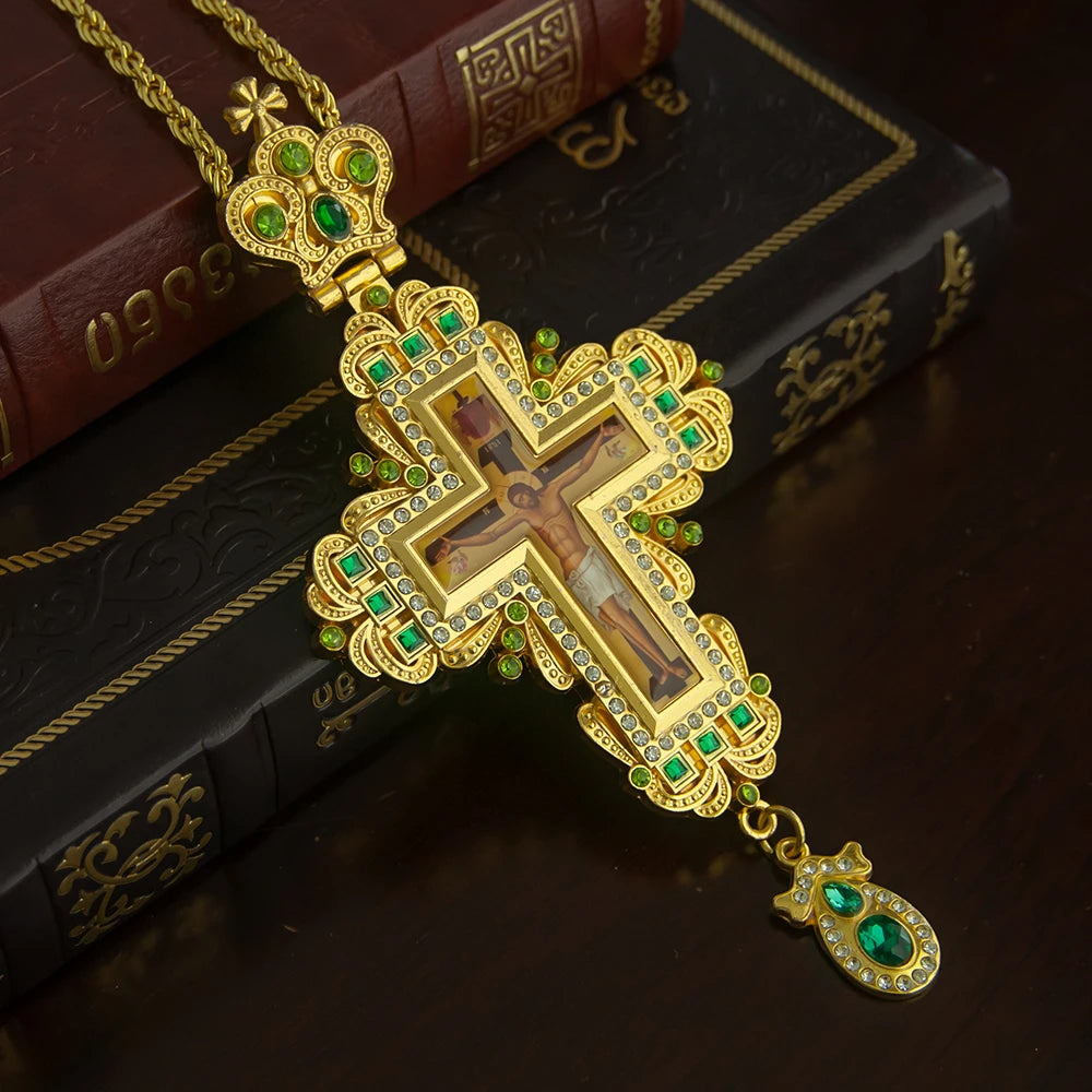 HT Orthodox Jesus Christ Crucifix Gold Silver Plated Metal Alloy Pendant Necklace Priest Pectoral Cross Крест наперсный с цепью