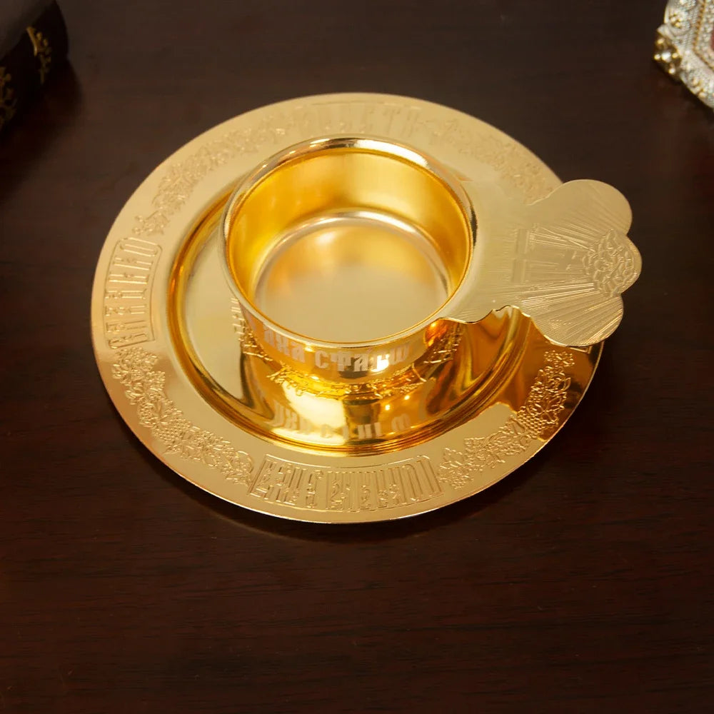 Church Orthodox Holy Oil Utensils Set with Russian Greek Orthodox Cross and Gold Plated Metal