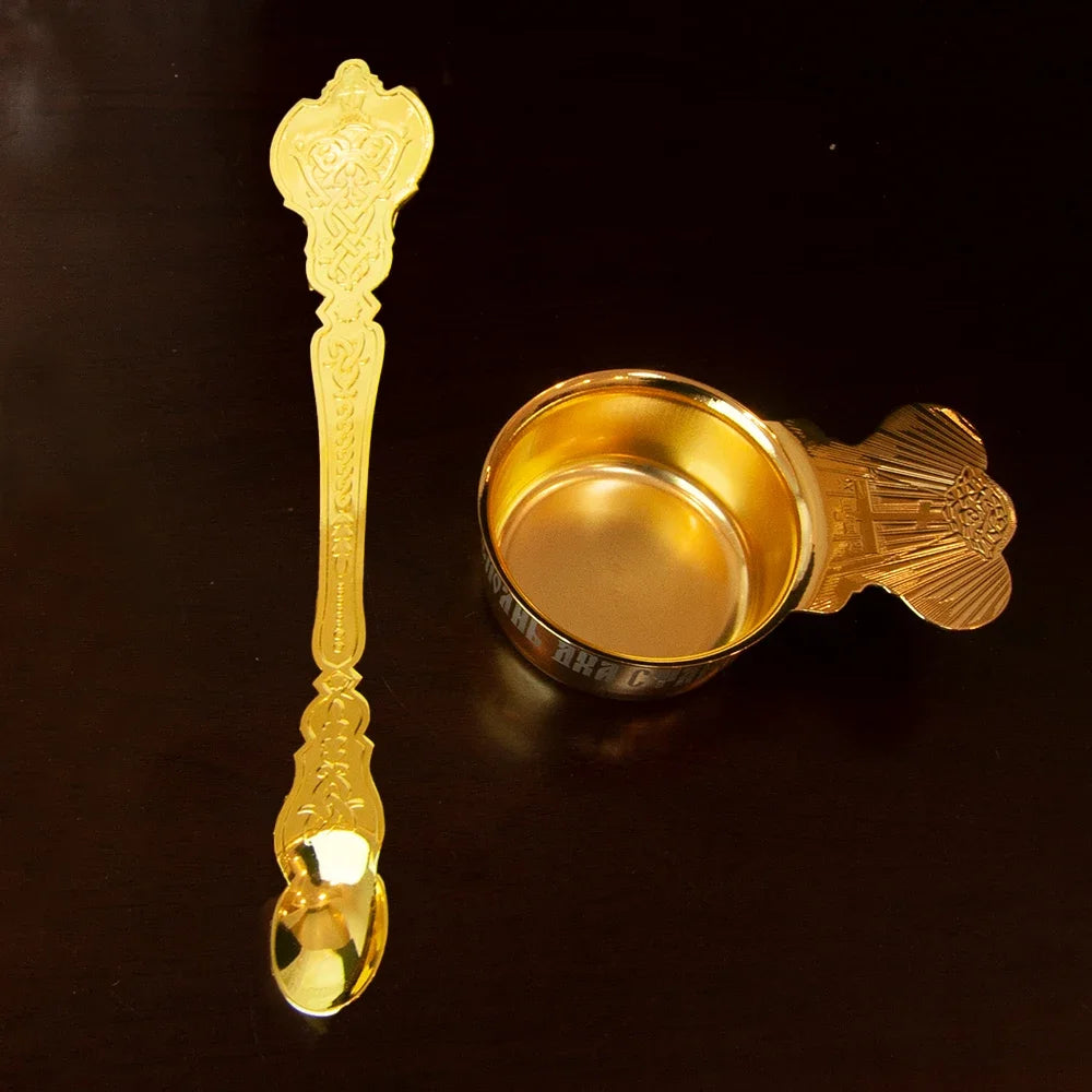 Church Orthodox Holy Oil Utensils Set with Russian Greek Orthodox Cross and Gold Plated Metal