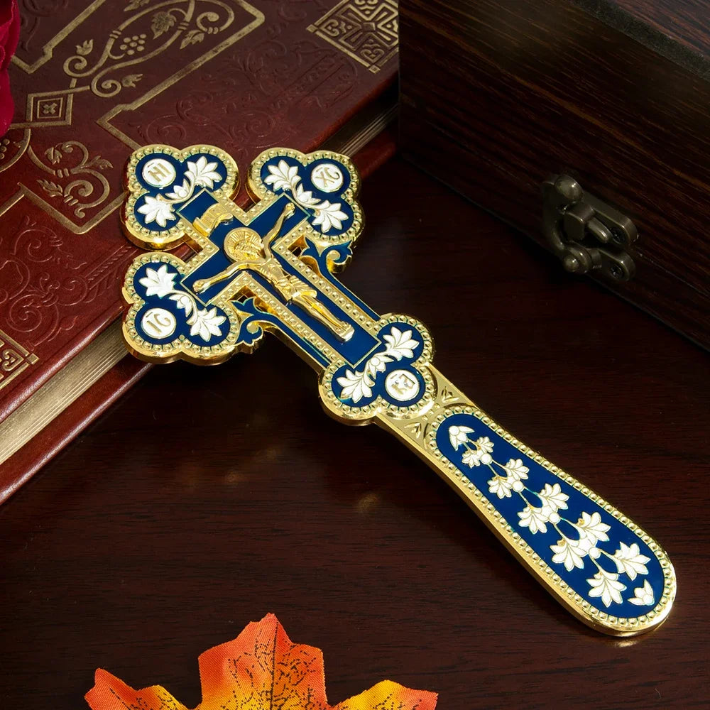 Orthodox Handle Blessing Church Cross Gold Plated Colorful Enamel Jesus icon Cross INRI Handheld Crucifix Single Face Jesus