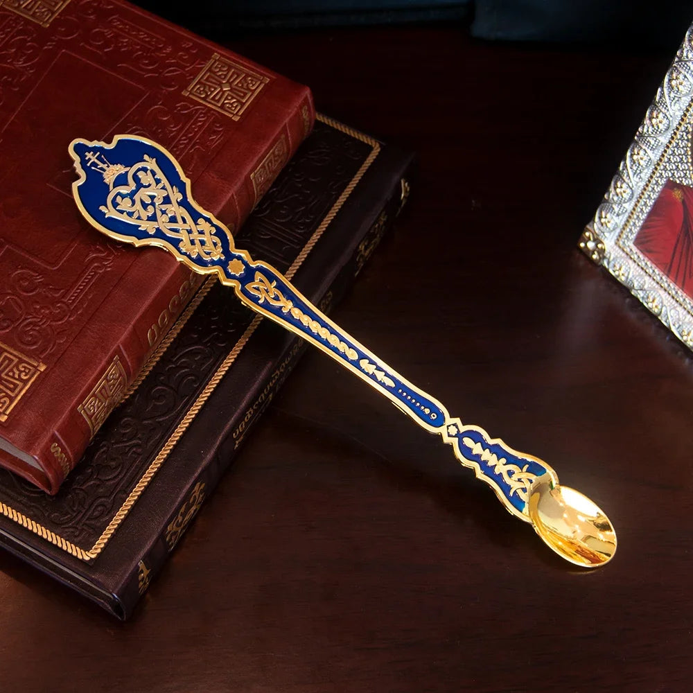 Church Orthodox Holy Oil Utensils Set with Russian Greek Orthodox Cross and Gold Plated Metal