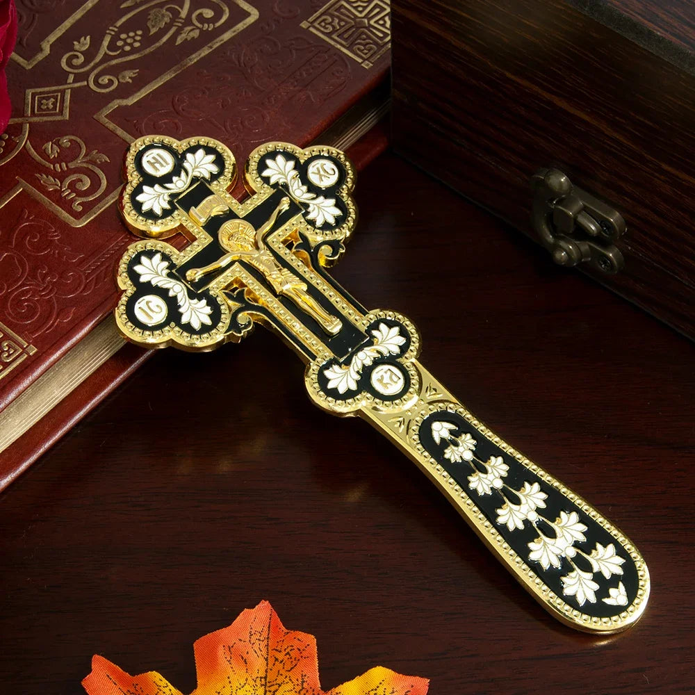 Orthodox Handle Blessing Church Cross Gold Plated Colorful Enamel Jesus icon Cross INRI Handheld Crucifix Single Face Jesus