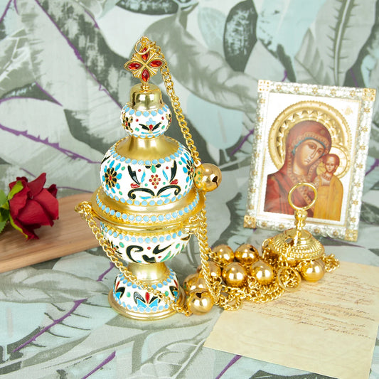 HT New Design Church Product Gold Plated Colorful Enamel Orthodox Incense Burner Long Chain With Bell Church Home Decorative